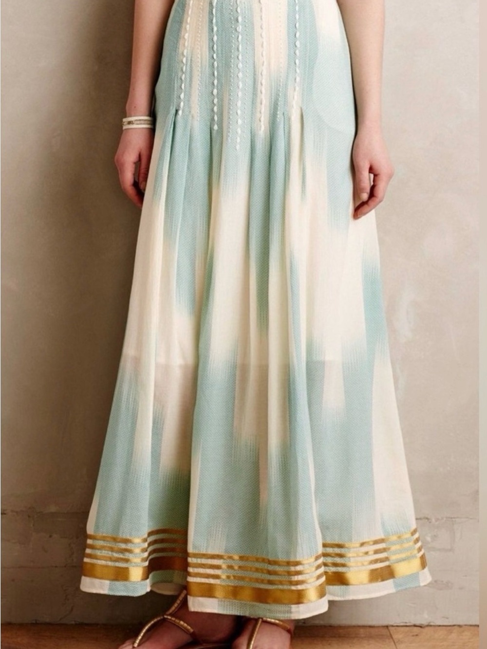 NWOT Floreat by Anthropologie Far Seas Maxi Skirt in Mint with Gold Hem